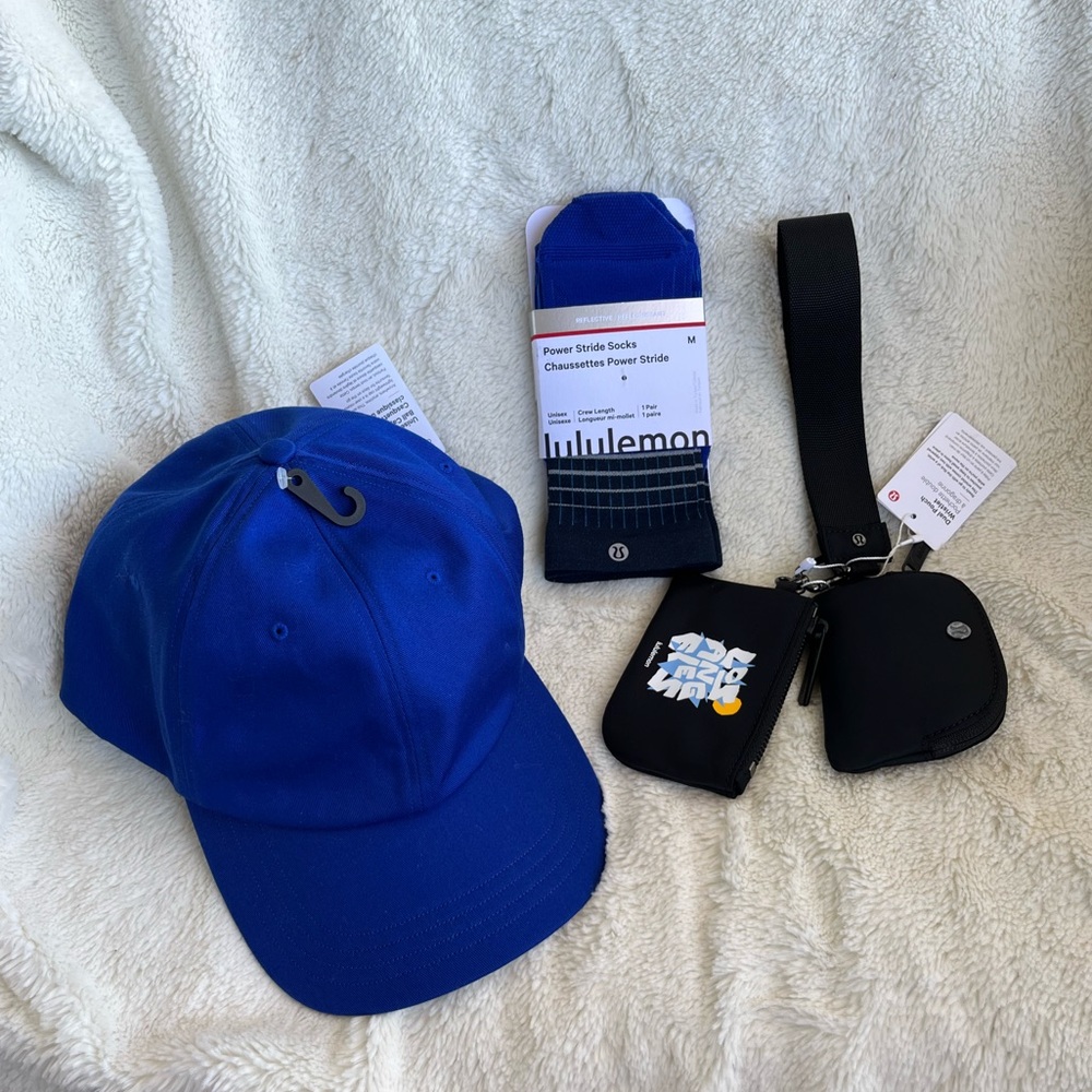 NWT Lululemon Accessory Bundle. Blue L/XL Hat, Los Angeles Dual Pouch, Socks Med